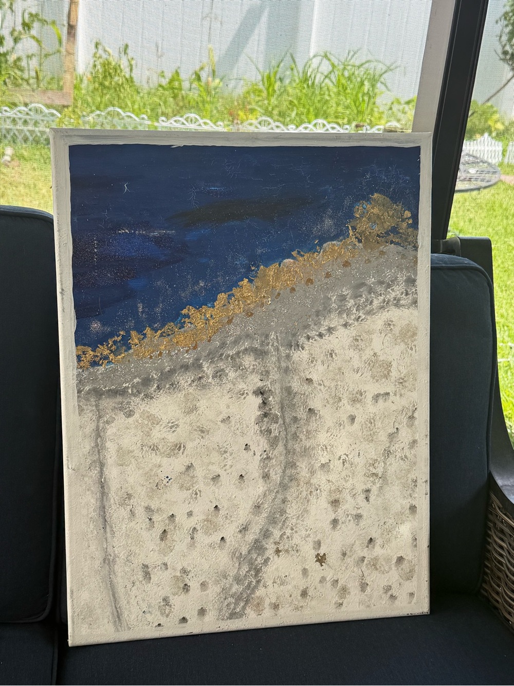 Coastal Abstract Canvas Painting in Blue, Gold, and White